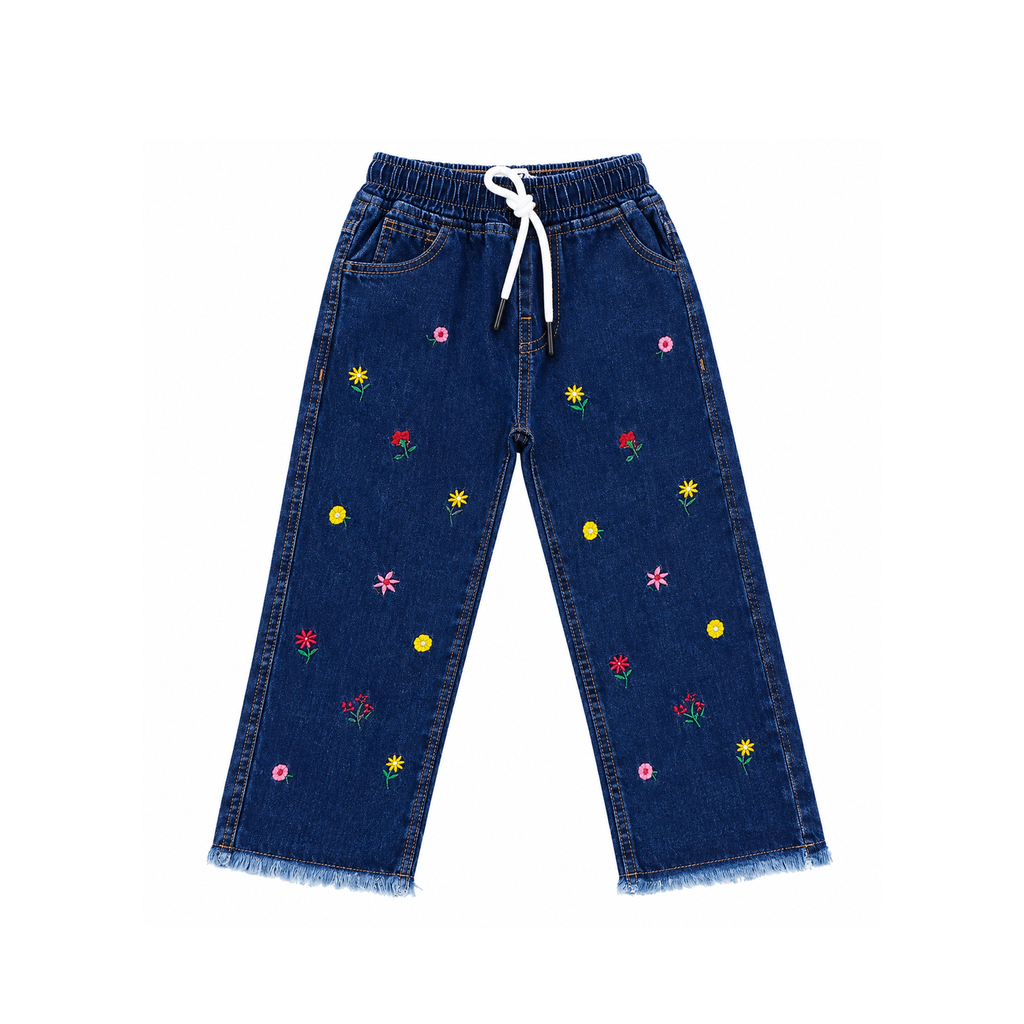 Girls’ Floral Embroidered Wide-Leg Denim Jeans