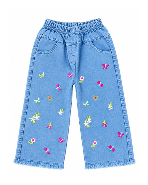 Butterfly Embroidered Wide-Leg Denim Pants