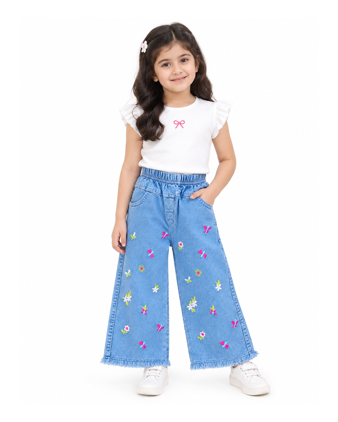 Butterfly Embroidered Wide-Leg Denim Pants