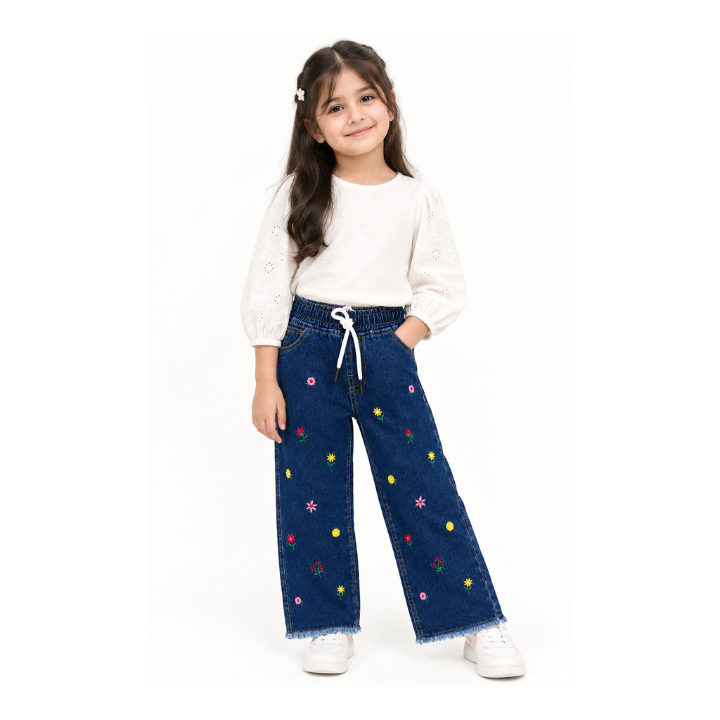 Girls’ Floral Embroidered Wide-Leg Denim Jeans